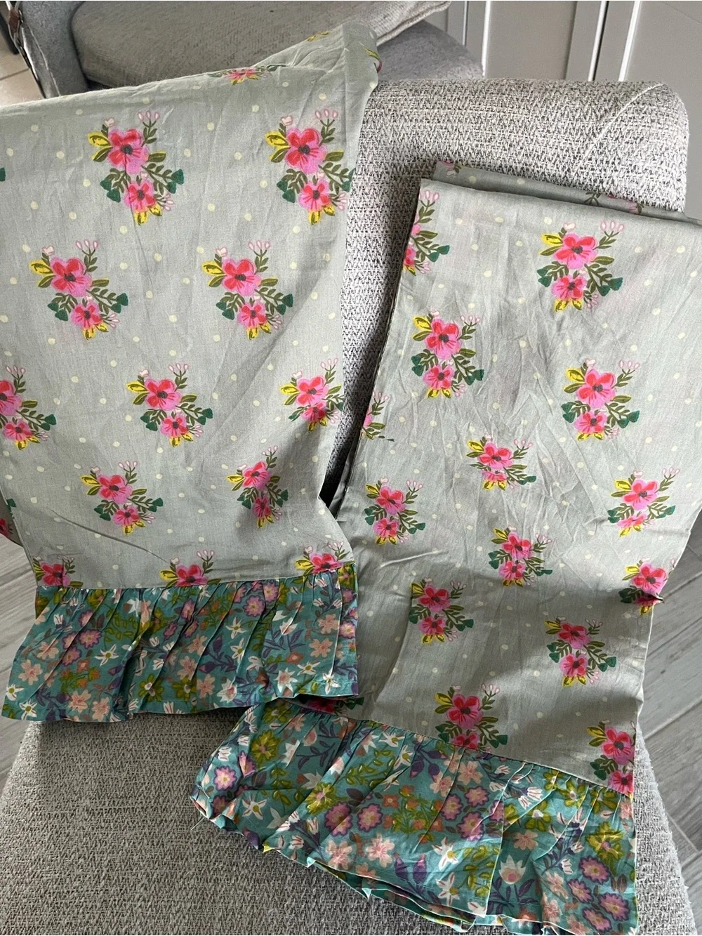 2 Natural Life king Grey Nora floral polkadot Boho pillowcases contrast ruffle